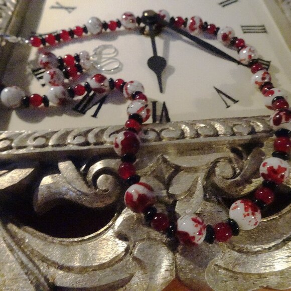 Handcrafted necklace/earring set with deep scarlet, white, and black elements - Picture 1 of 10